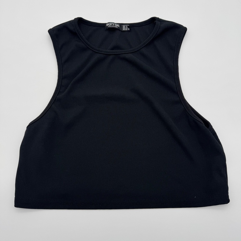 Nasty Gal Collection Black Ribbed Sleeveless Crop Top Crew Neck Womens Size 10